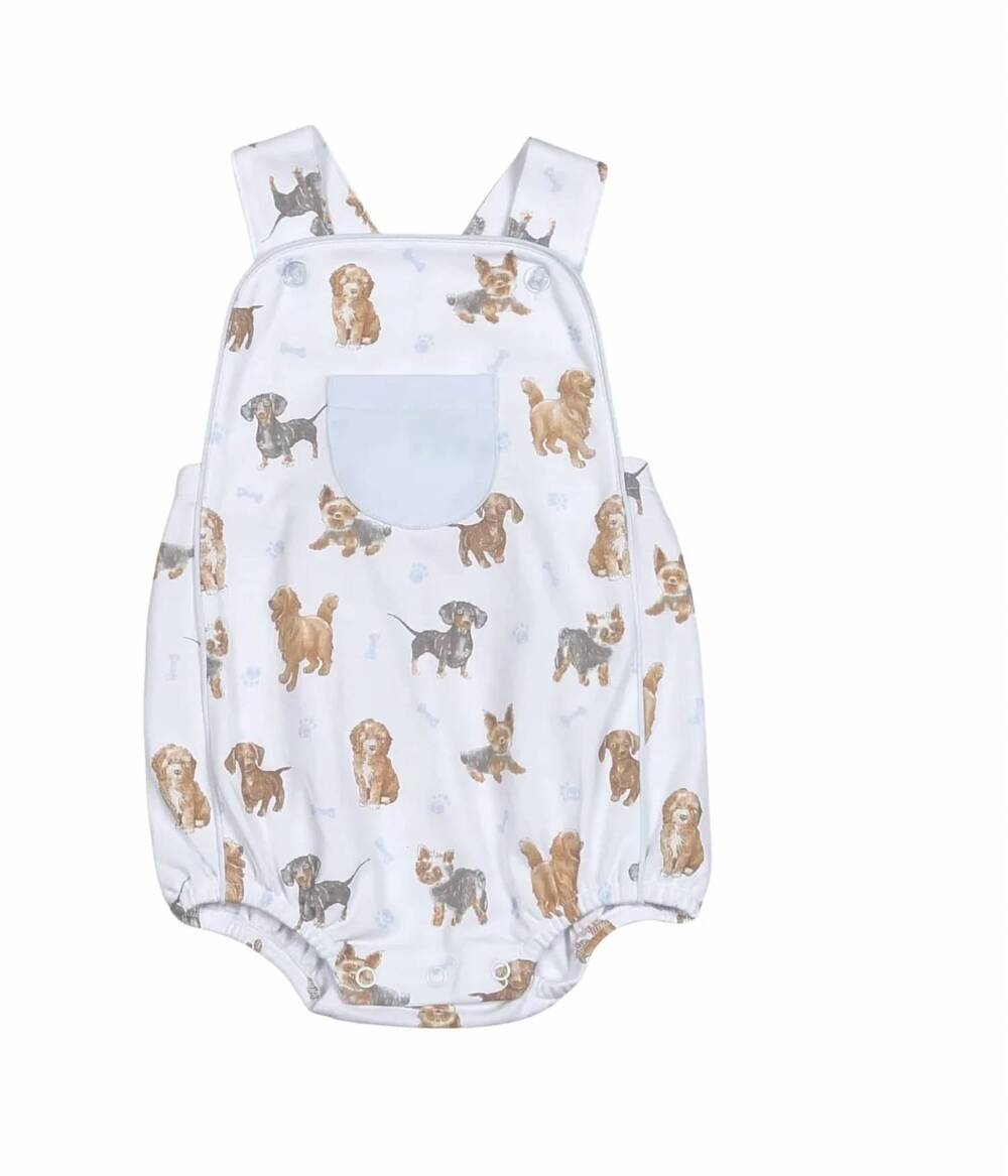 NEW BABY LOREN kid's puppy love romper in blue sun bubble